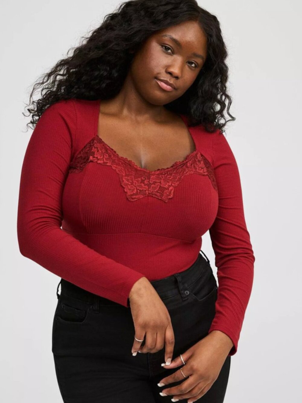Torrid Super Soft Ribbed Sweetheart Top Burgundy Long Sleeve Size 4